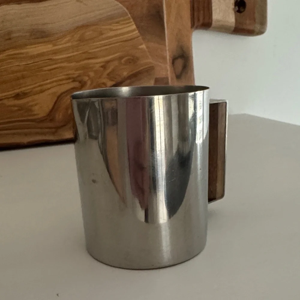 Vintage Stainless Steel Milk Frothing Pitcher with Wooden Teak Handle MCM Danish